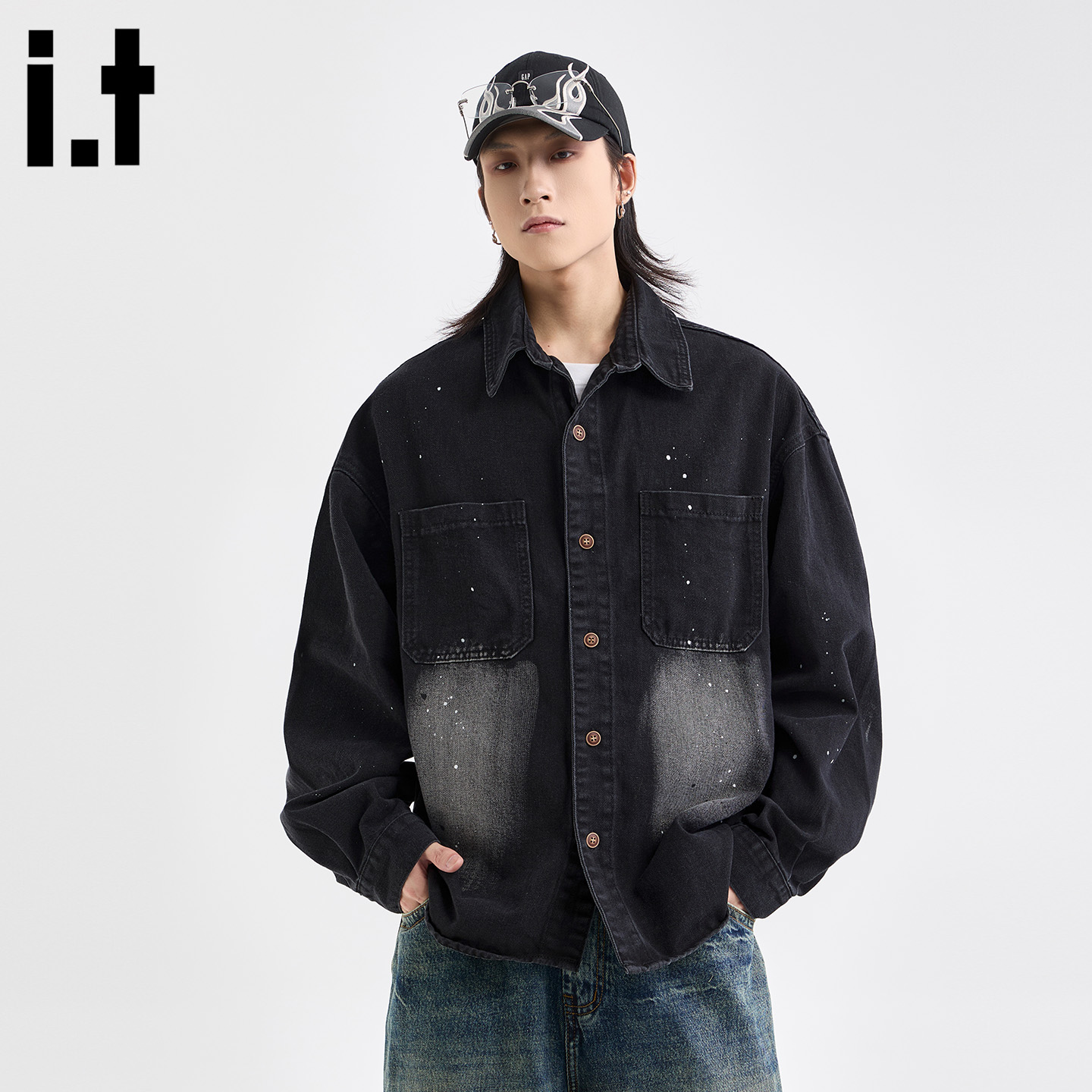 IT泼墨水洗牛仔外套男