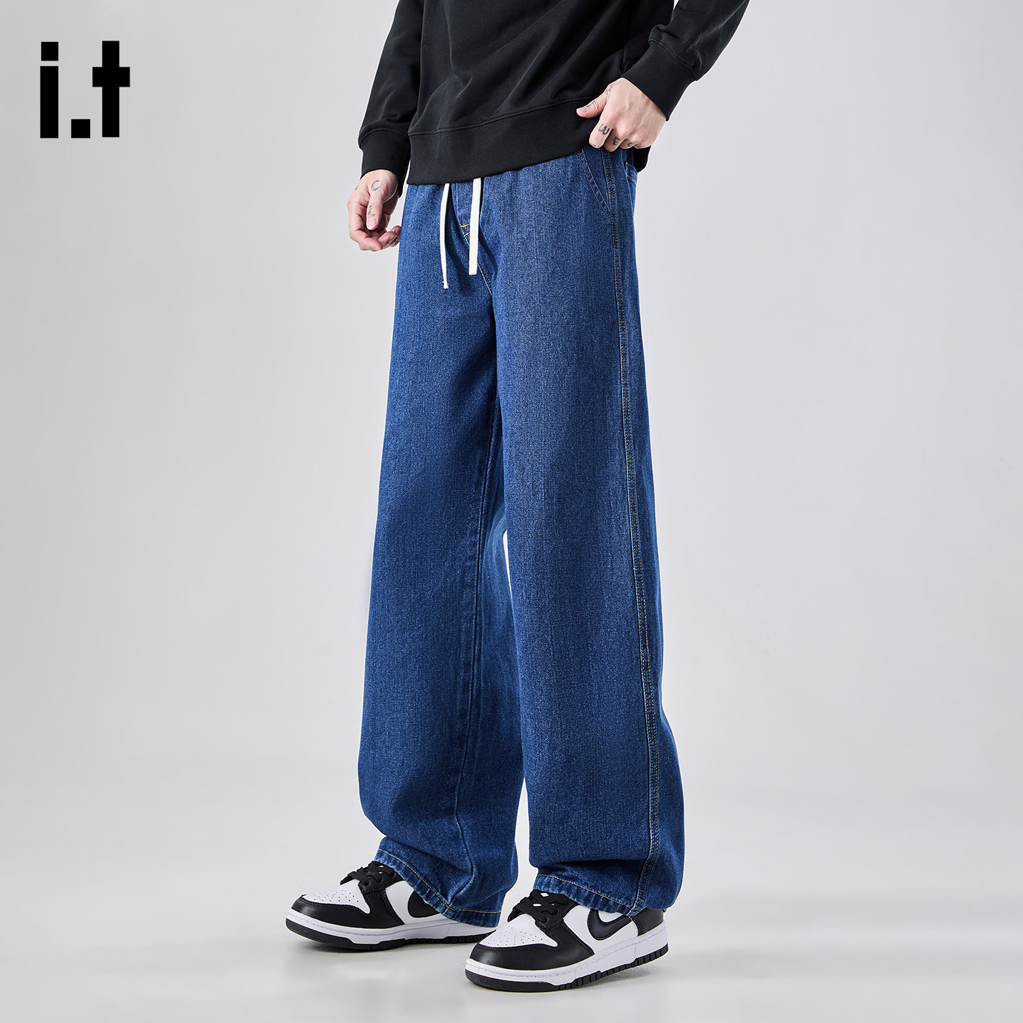 it :5cm/FIVECM深蓝色牛仔裤男春季青年直筒宽松阔腿新款拖地裤子