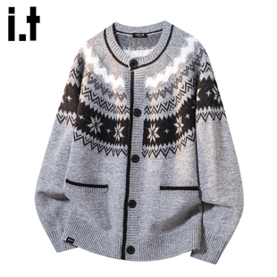 it :5cm/FIVECM提花开衫毛衣2026男生复古圆领宽松休闲青年外套潮
