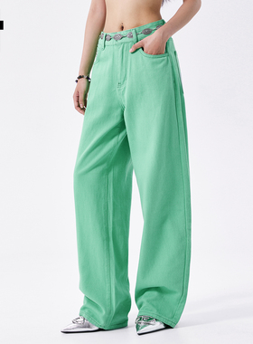 it :5cm/FIVECM绿色水洗窄版阔腿牛仔裤女2025夏秋时尚直筒裤长裤