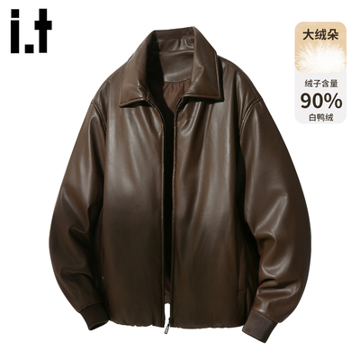 it5cm棕色翻领pu皮羽绒服