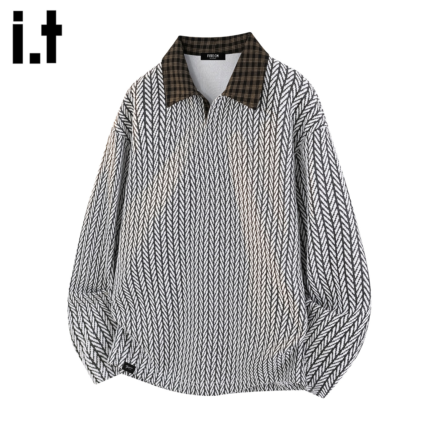 it :5cm/FIVECM灰色鱼骨纹长袖polo衫男春季重磅2026春季复古上衣