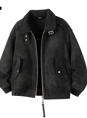 it :5cm/FIVECM黑色皮毛一体麂皮羊羔毛外套男士冬季加绒防风夹克