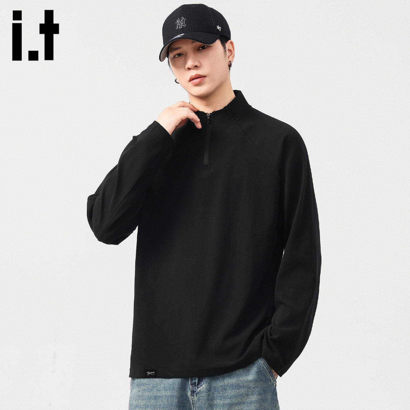it :5cm/FIVECM黑色解构半拉链男士长袖t恤2026春季休闲薄款上衣