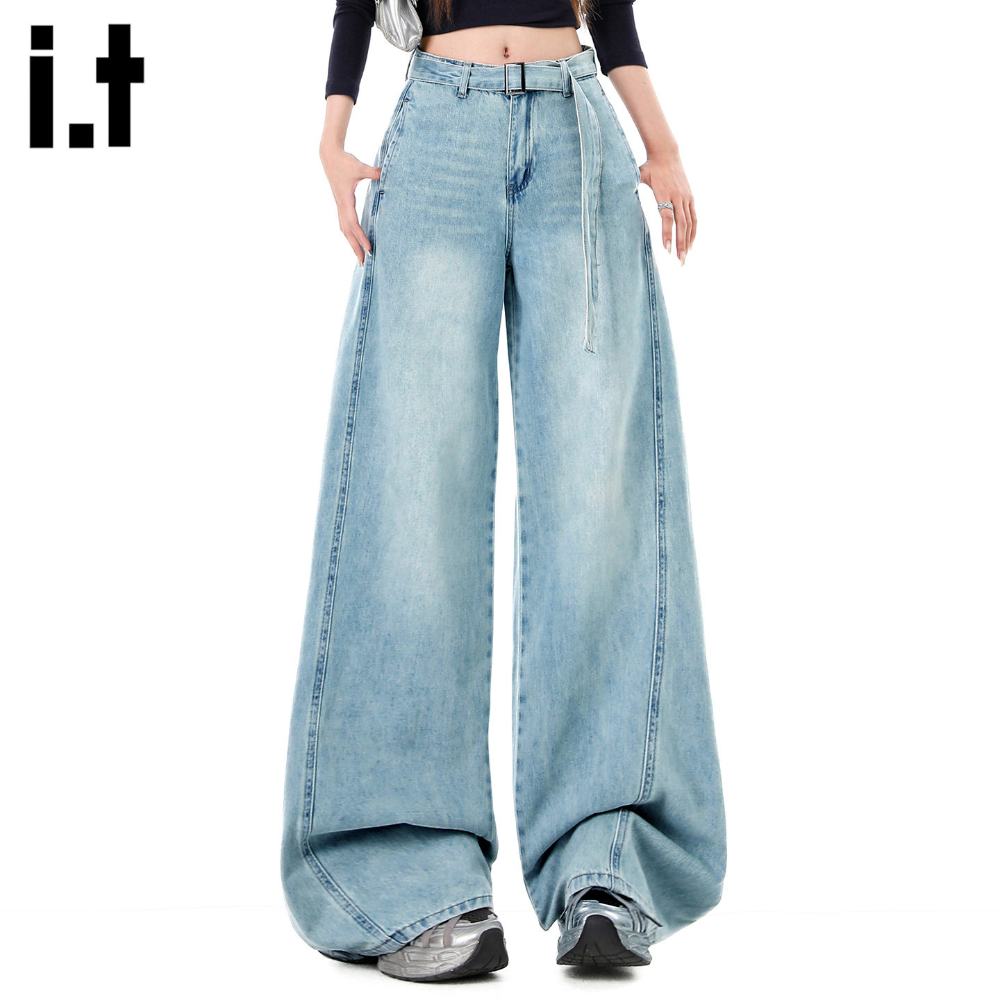 it :5cm/FIVECM2026春季新款宽松垂感裤美式复古折痕阔腿牛仔裤女