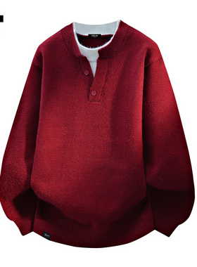 it :5cm/FIVECM红色假两件套头毛衣男女2026春秋季休闲针织衫宽松