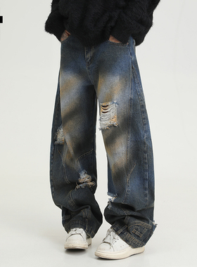 it :5cm/FIVECM美式弯刀破洞牛仔裤男女潮流2025新款宽松做旧长裤