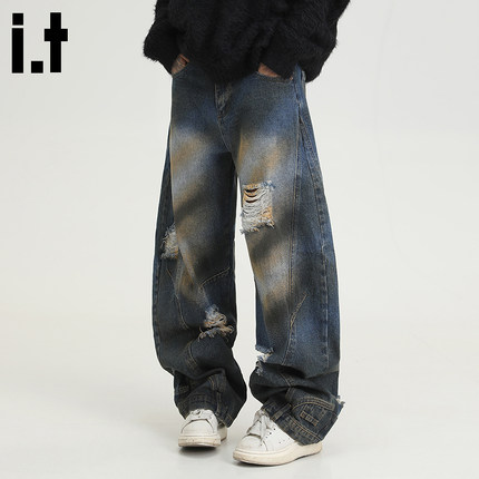 it :5cm/FIVECM美式弯刀破洞牛仔裤男女潮流2025新款宽松做旧长裤