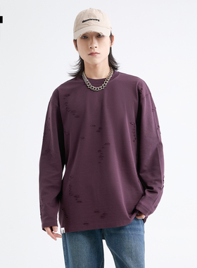 it :5cm/FIVECM紫色潮流破洞长袖圆领t恤男款2025新款秋宽松上衣