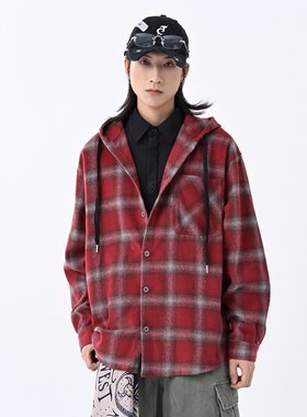 it :5cm/FIVECM红色连帽毛呢衬衫男士2025秋冬宽松呢子外套上衣潮