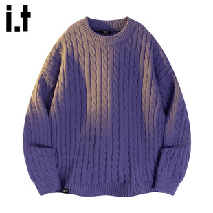 it :5cm/FIVECM紫色针织衫毛衣男款2025秋季复古麻花圆领休闲上衣