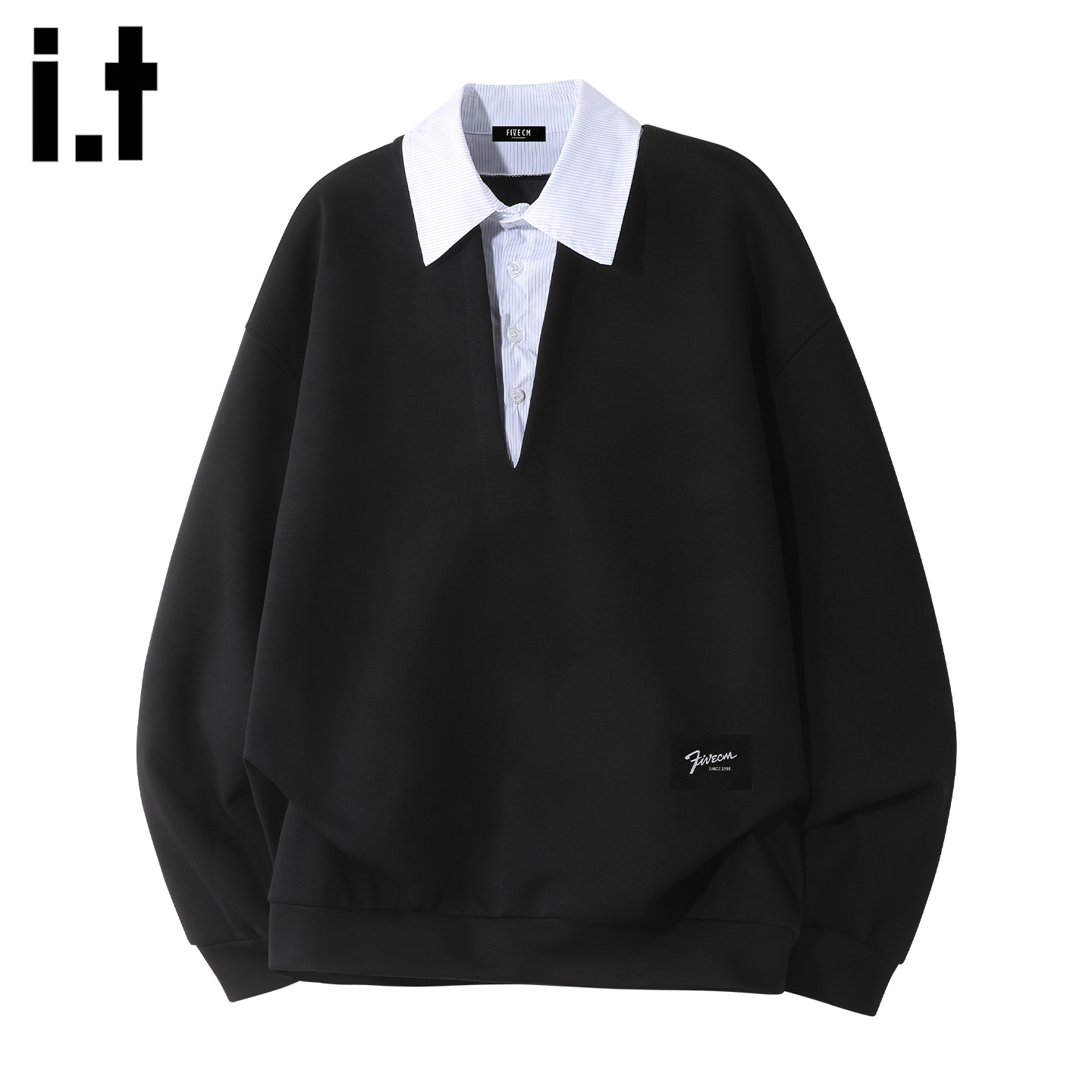 拼接衬衫领假两件毛衣男士