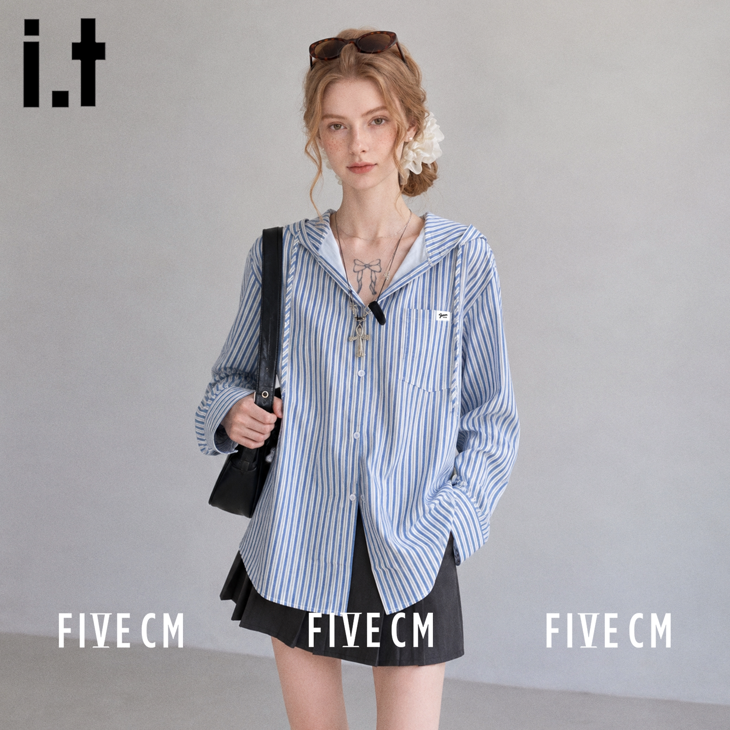 itFIVECM条纹连帽衬衫上衣女秋