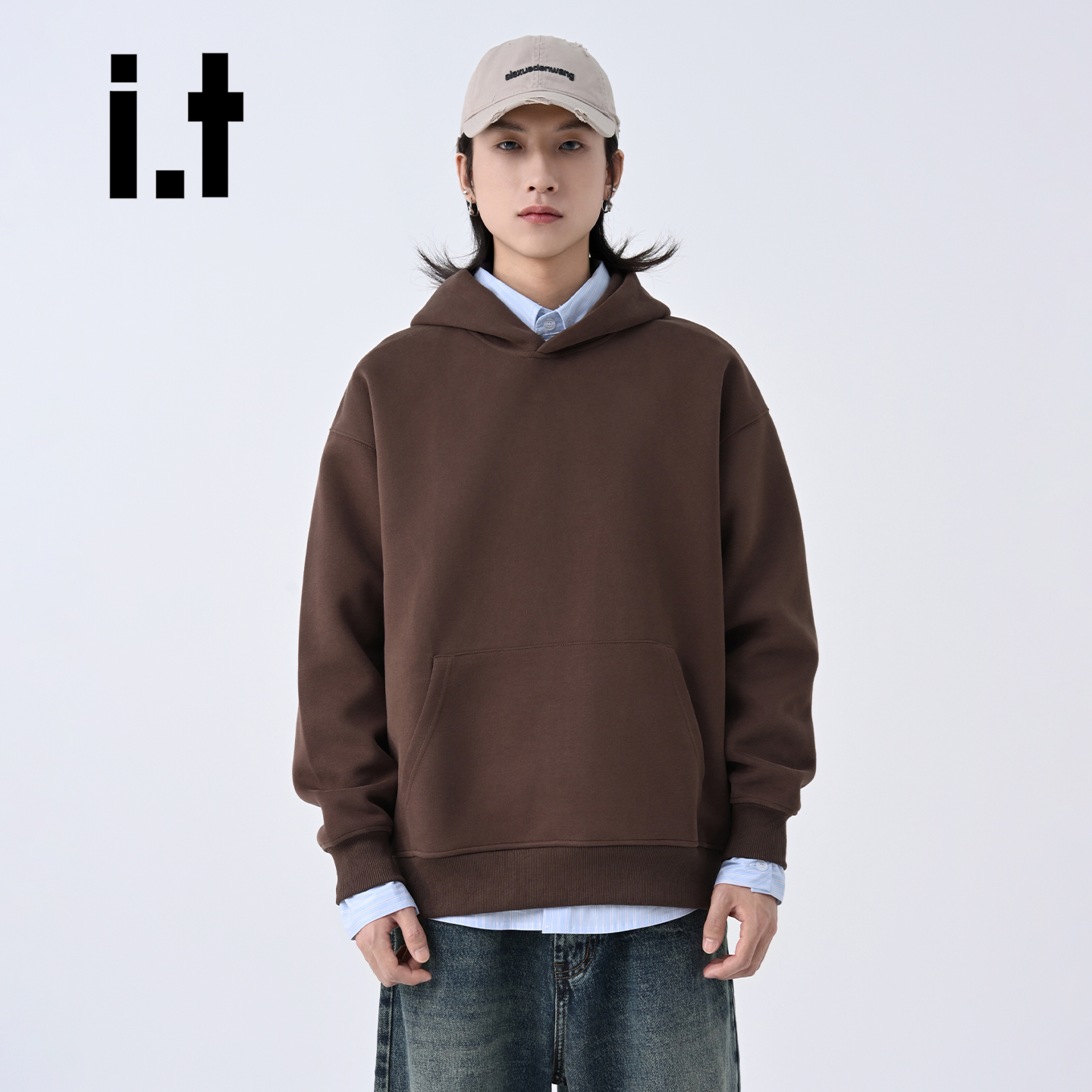 FIVEcm棕色连帽大口袋长袖卫衣