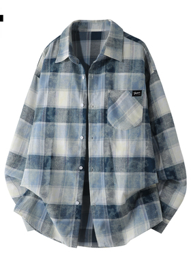 it :5cm/FIVECM男生蓝色格子衬衫外套女款春秋季潮流百搭长袖衬衣