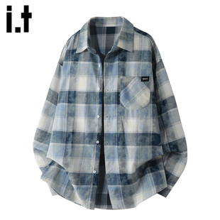 5cm 潮流百搭长袖 FIVECM男生蓝色格子衬衫 春秋季 衬衣 外套女款