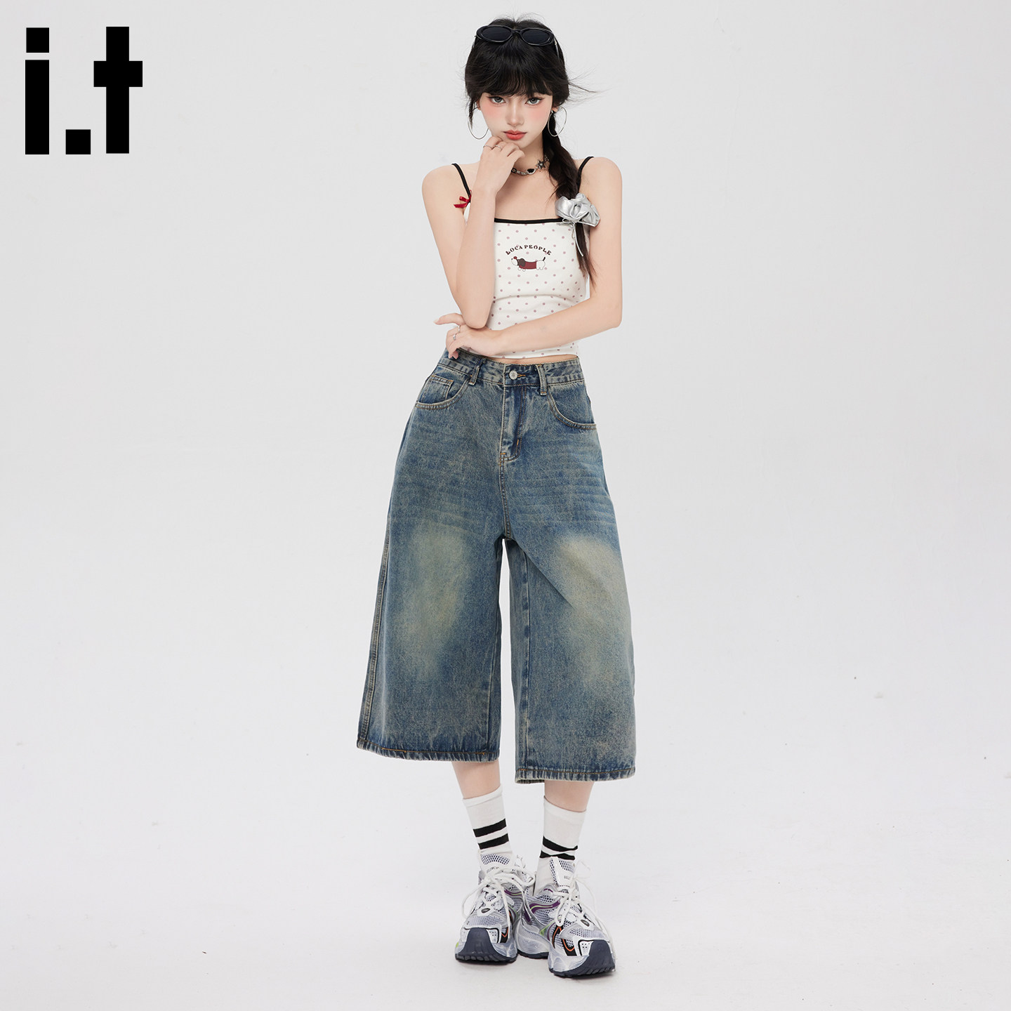 it:5cm/FIVECM复古美式七分牛仔短裤女夏季百搭显瘦宽松高级裤子S