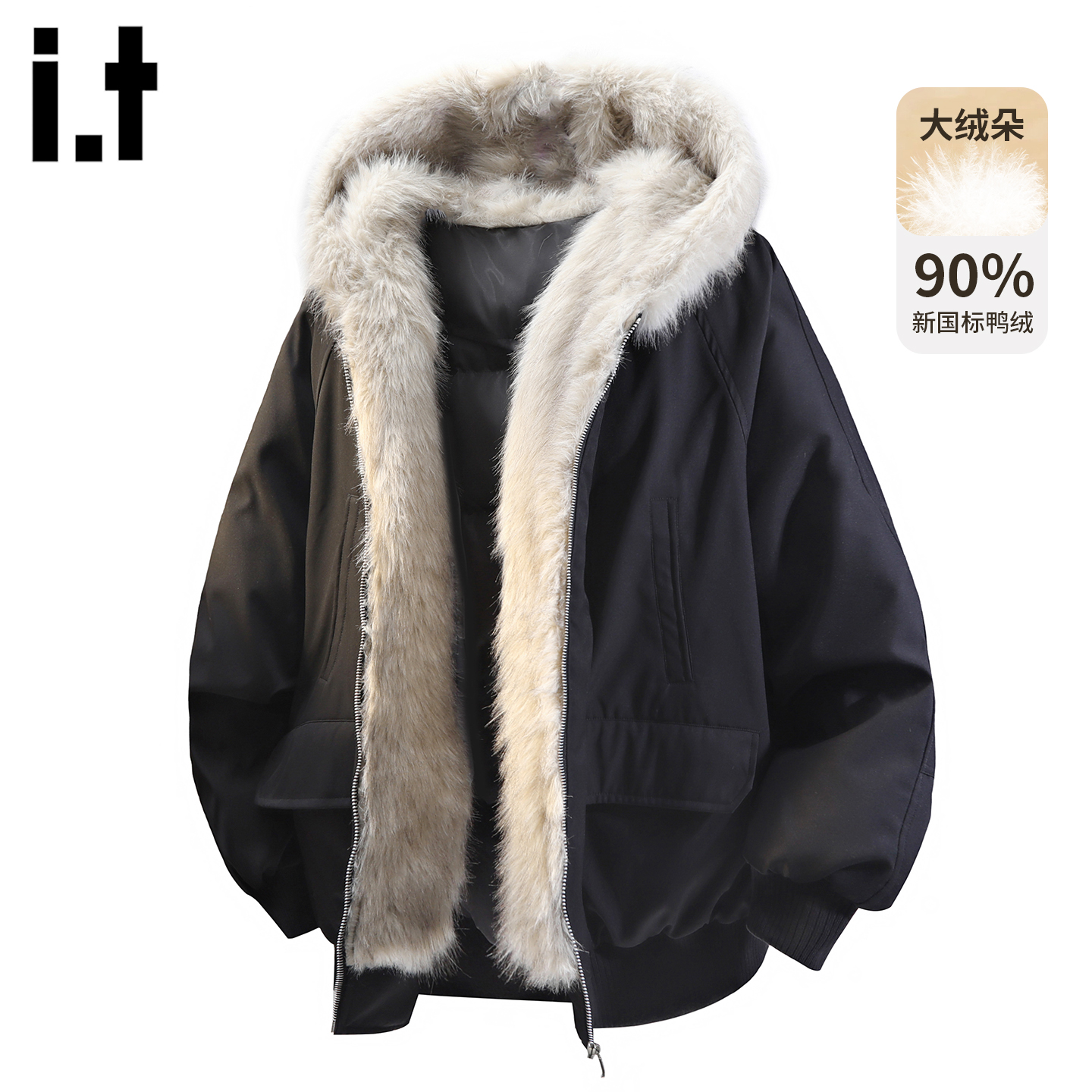 it情侣座山雕毛毛领连帽羽绒服