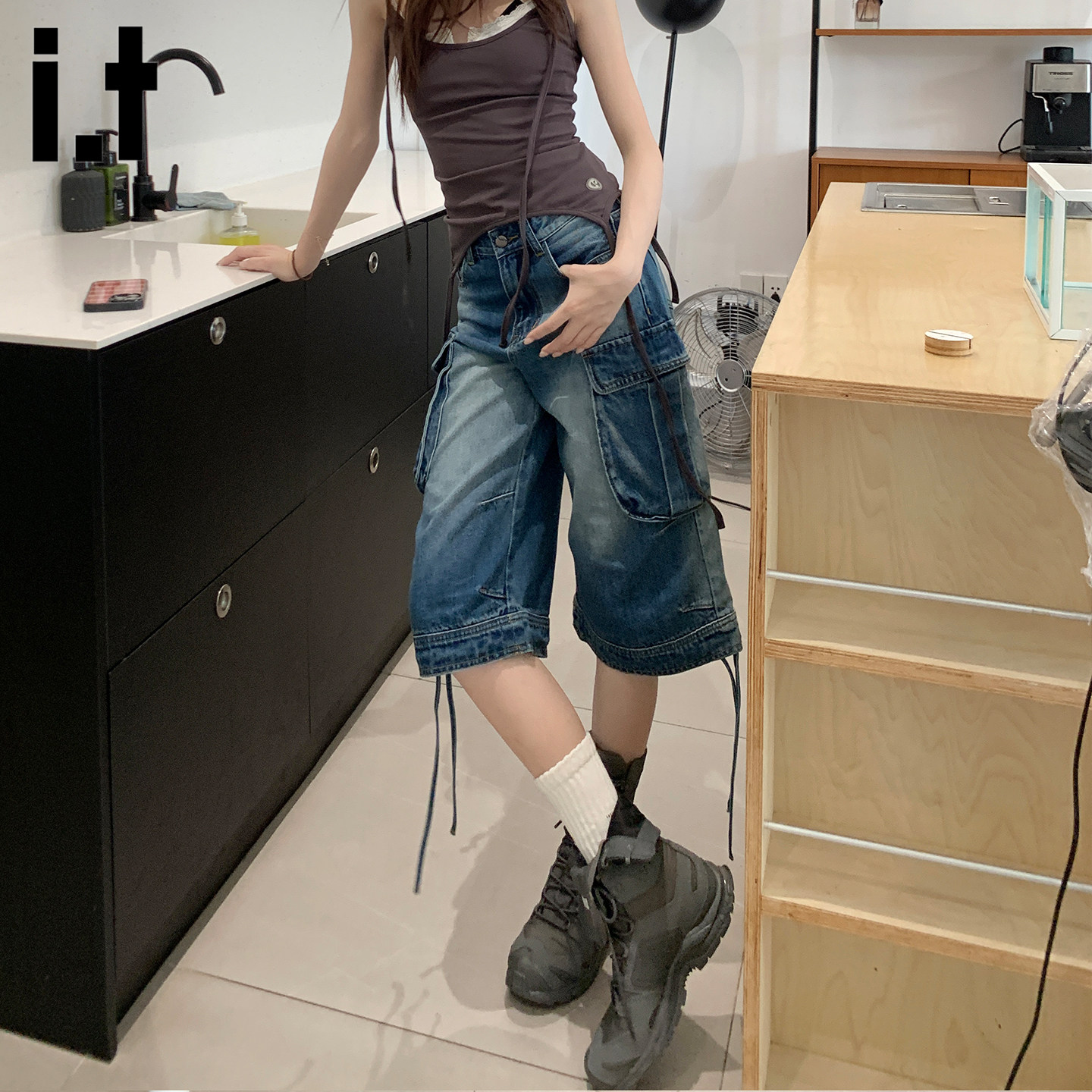 it :5cm/FIVECM高级感七分裤工装牛仔裤女2026夏季宽松阔腿裤短裤