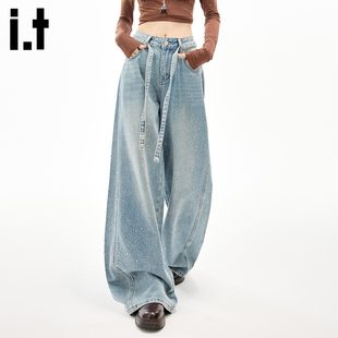 it :5cm/FIVECM重工烫钻美式复古弯刀水钻牛仔裤女宽松休闲长裤子