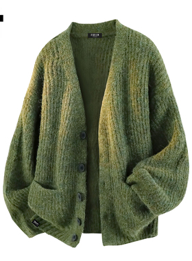 it :5cm/FIVECM复古绿色开衫毛衣男秋冬慵懒风简约休闲针织外套