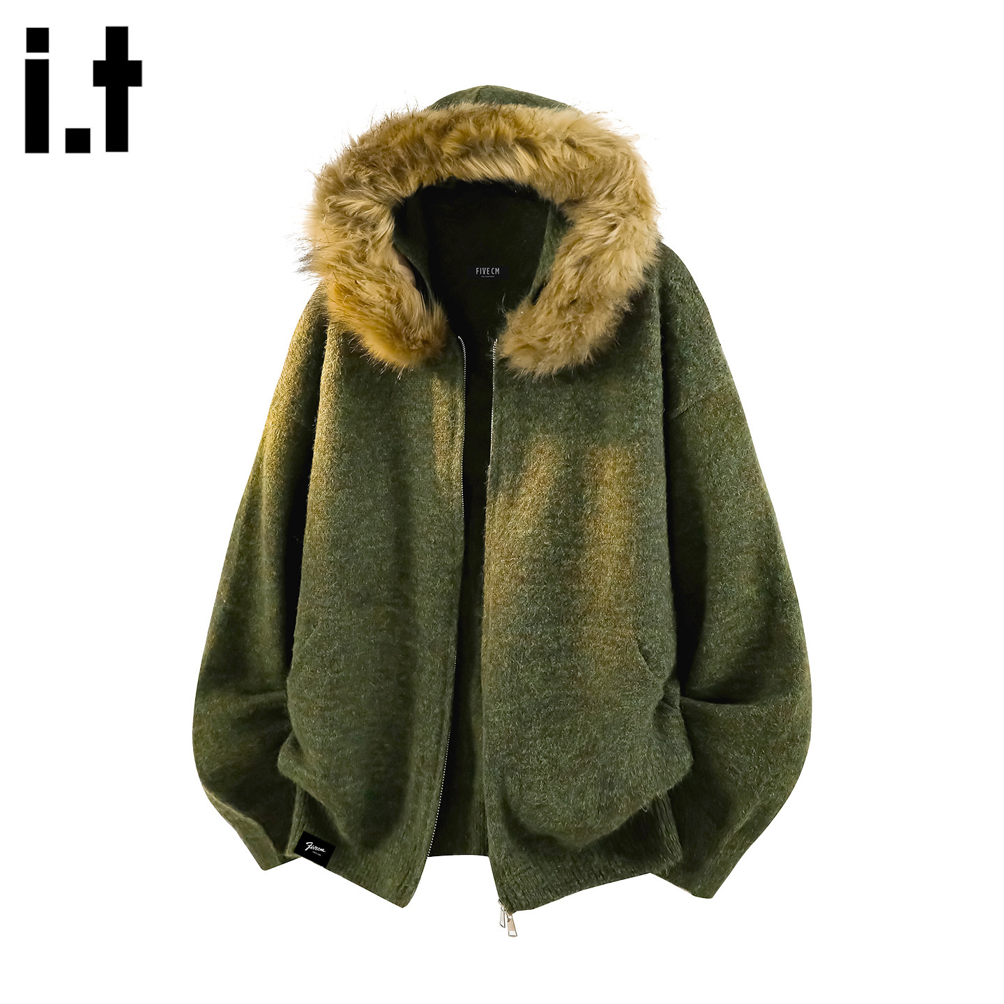 it :5cm/FIVECM潮牌时尚毛领连帽针织衫男2025秋冬季休闲毛衣外套