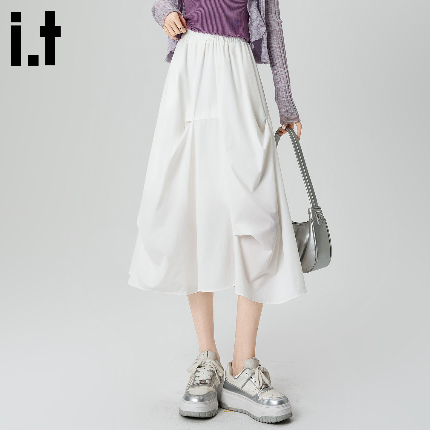 it:5cm/FIVECM白色高腰A字半身裙女夏季中长款显瘦设计感花苞裙V