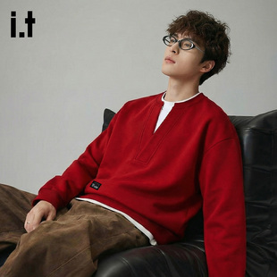 it :5cm/FIVECM红色假两件圆领卫衣男女2026新款情侣款设计感上衣