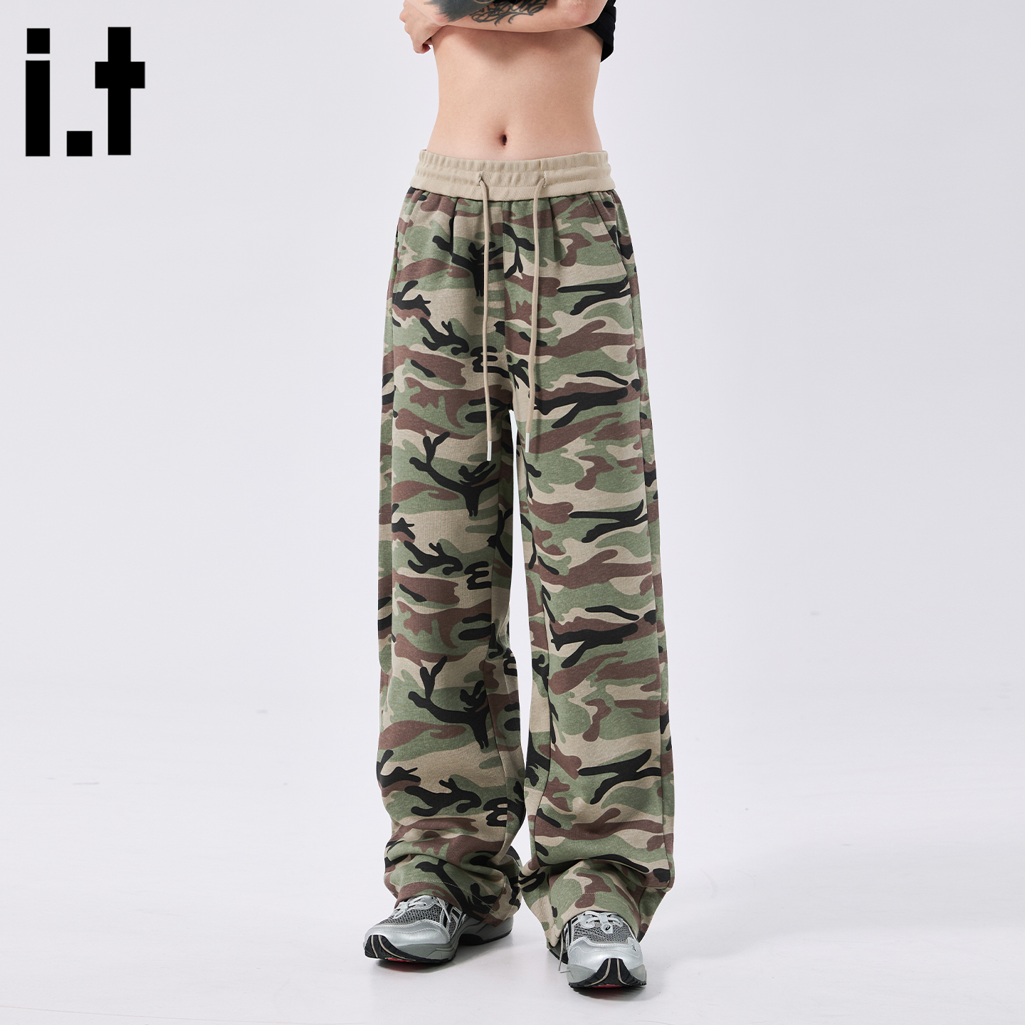 山系绿色迷彩裤抽绳工装直筒裤