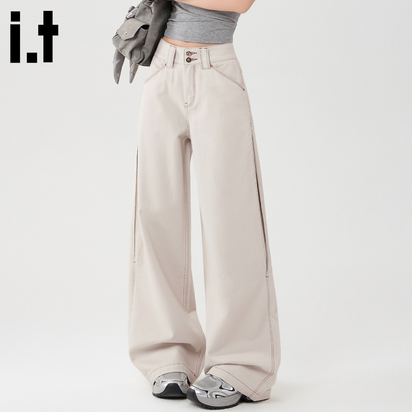 it :5cm/FIVECM直筒牛仔裤女2026春季新款高腰双扣设计宽松阔腿裤,女装/女士精品,牛仔裤,淘宝优惠券,粉丝福利购,淘宝优惠卷