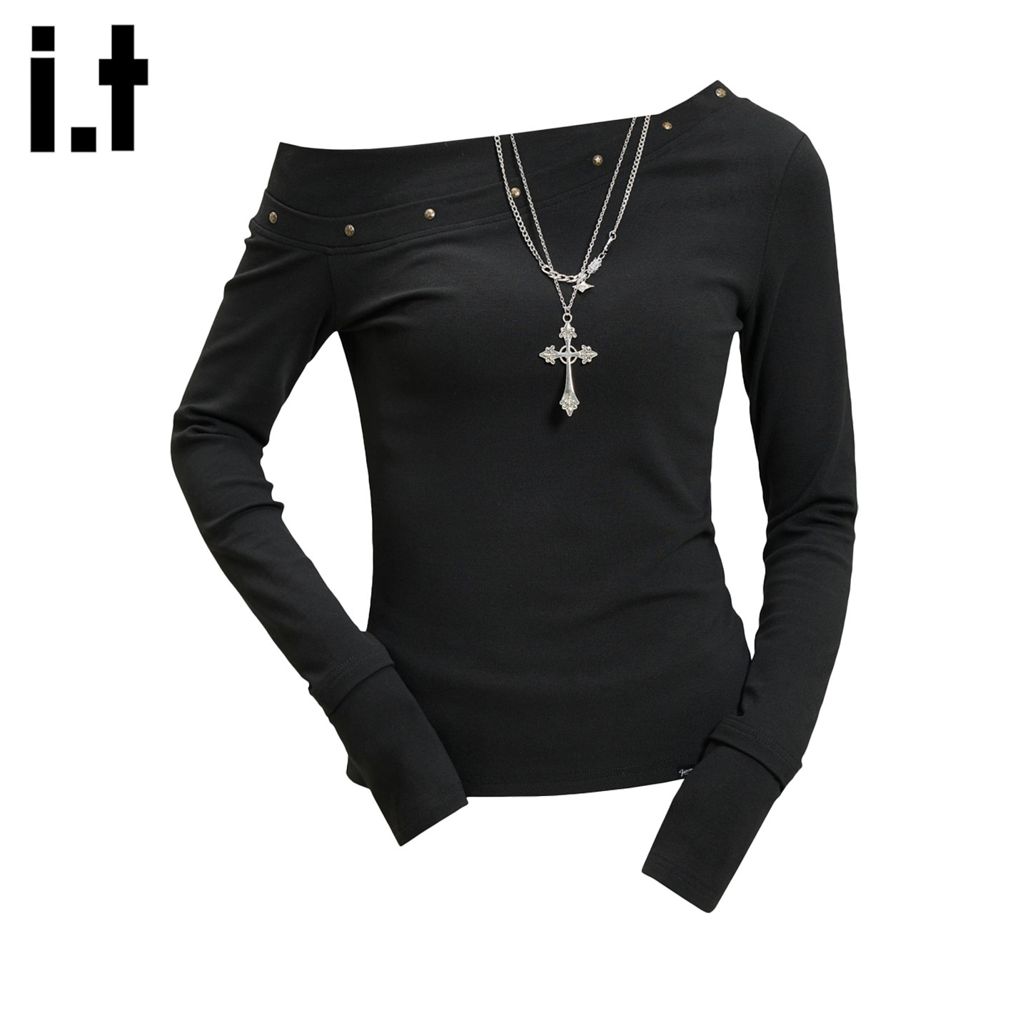 it :5cm/FIVECM黑色斜肩铆钉长袖t恤女2026新款春季短款修身上衣