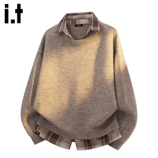 it :5cm/FIVECM美拉德复古针织衫男款秋季痞帅假两件设计休闲毛衣