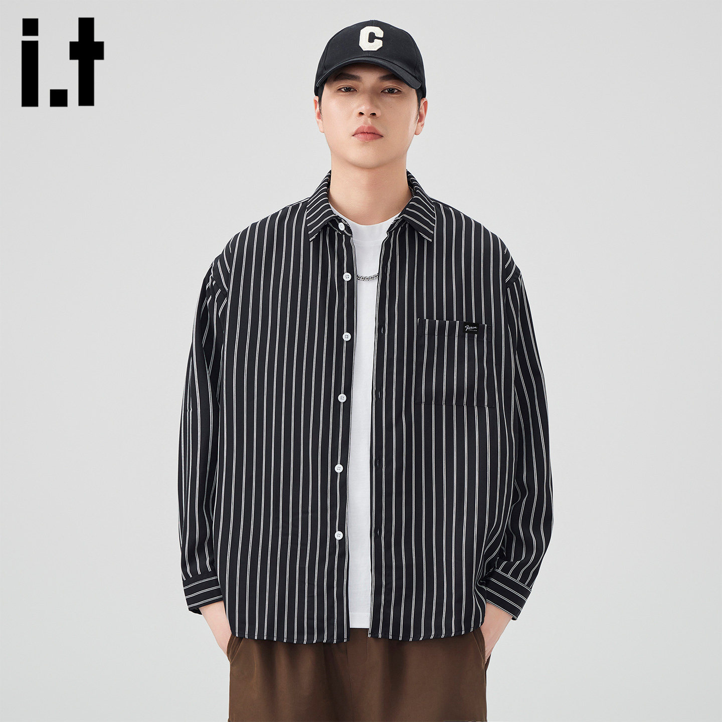 it :5cm/FIVECM美式复古条纹衬衫男春季新款潮牌休闲长袖衬衣外套