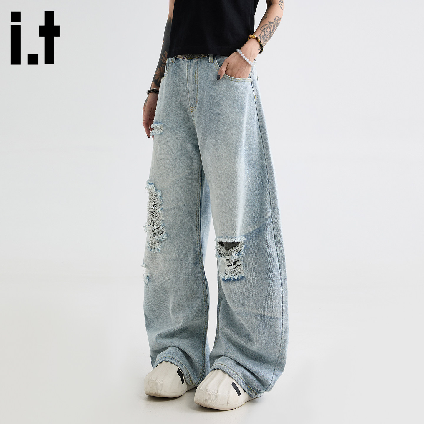 it :5cm/FIVECM潮牌浅色破洞阔腿牛仔裤男女2026夏季宽松时尚长裤