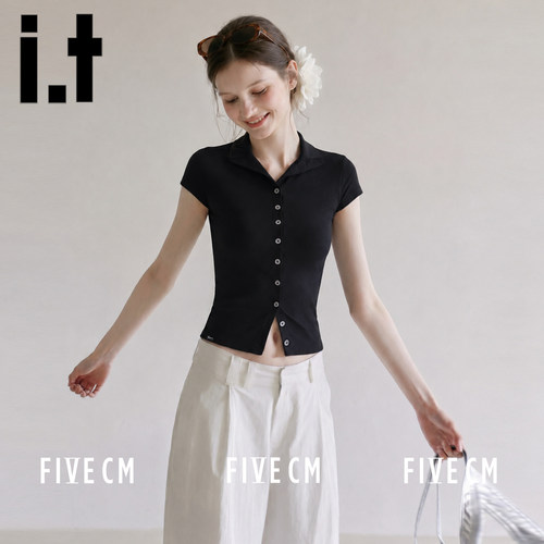 itFIVECM韩系圆领排扣短袖衬衫女