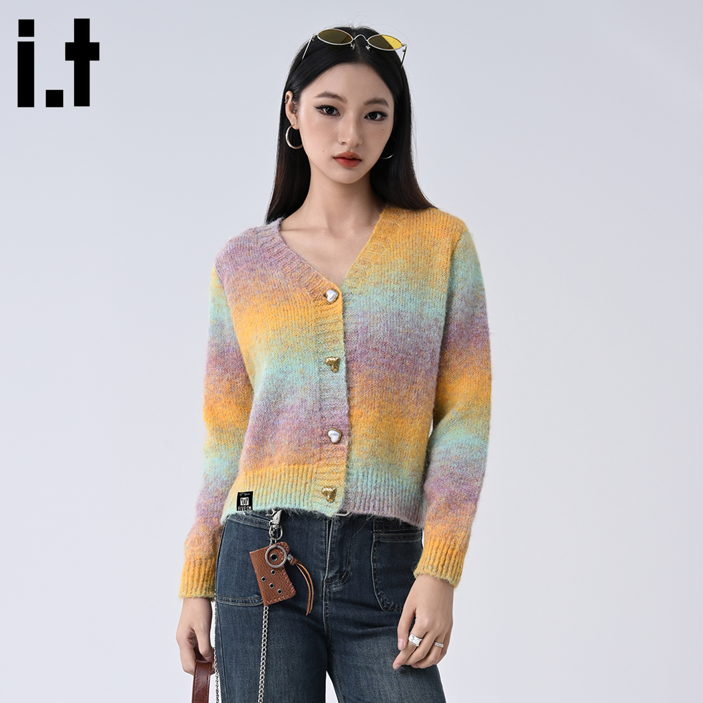 单排扣开衫彩虹长袖毛衣外套女