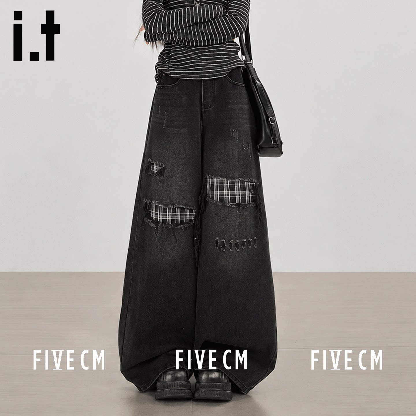 itFIVECM格纹拼接阔腿牛仔裤