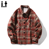 5cm FIVECM时尚 潮牌毛呢外套男2026秋冬季 红色松弛感格子衬衫