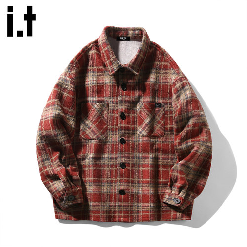 时尚潮牌毛呢格子衬衫外套