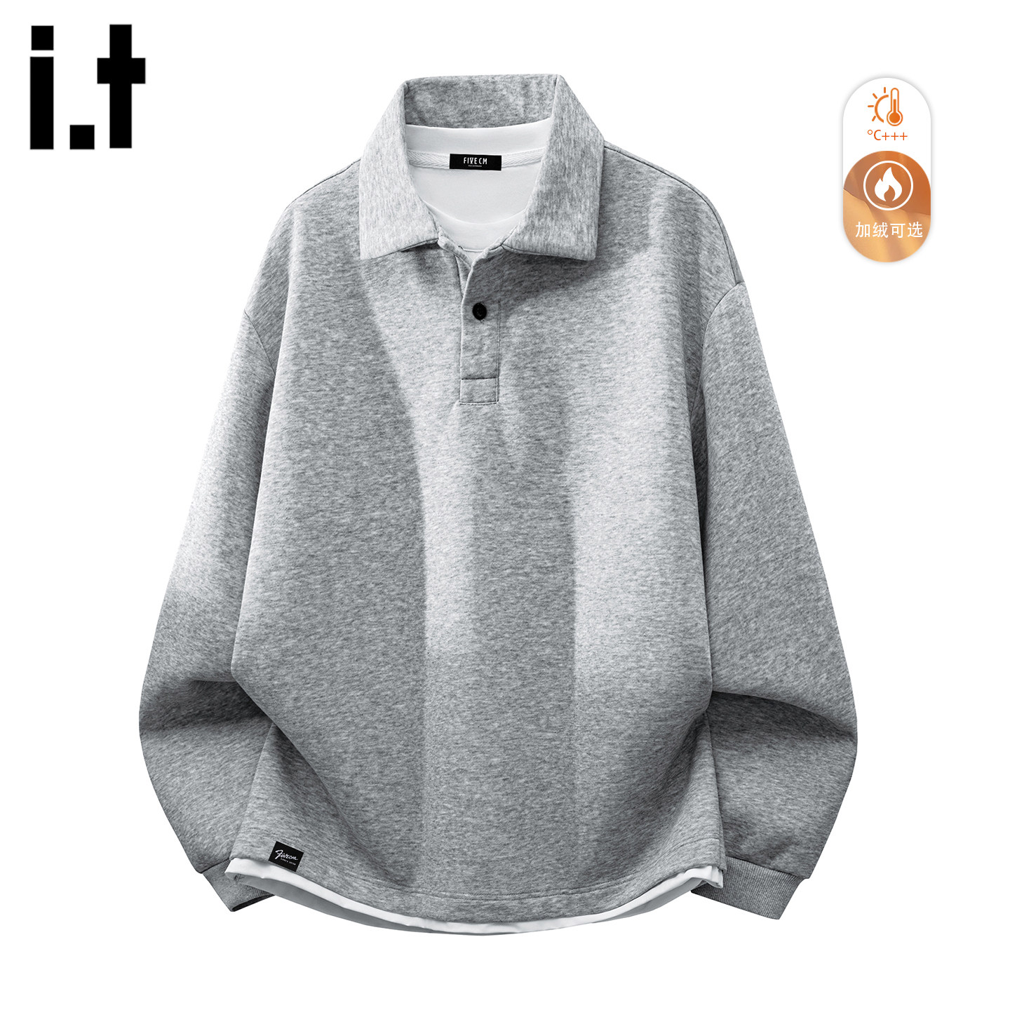 it :5cm/FIVECM灰色加绒加厚翻领卫衣男款2025秋冬宽松慵懒风上衣