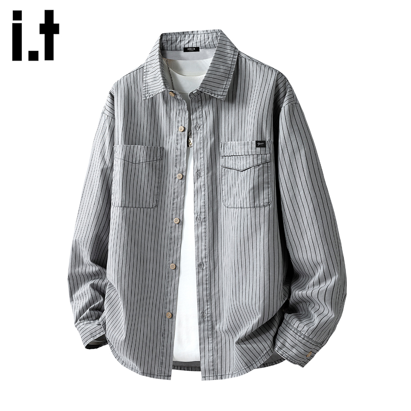 灰色绿色条纹纯棉翻领衬衫男士