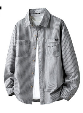 it :5cm/FIVECM灰色绿色条纹翻领衬衫男士2025新款春秋季休闲衬衣