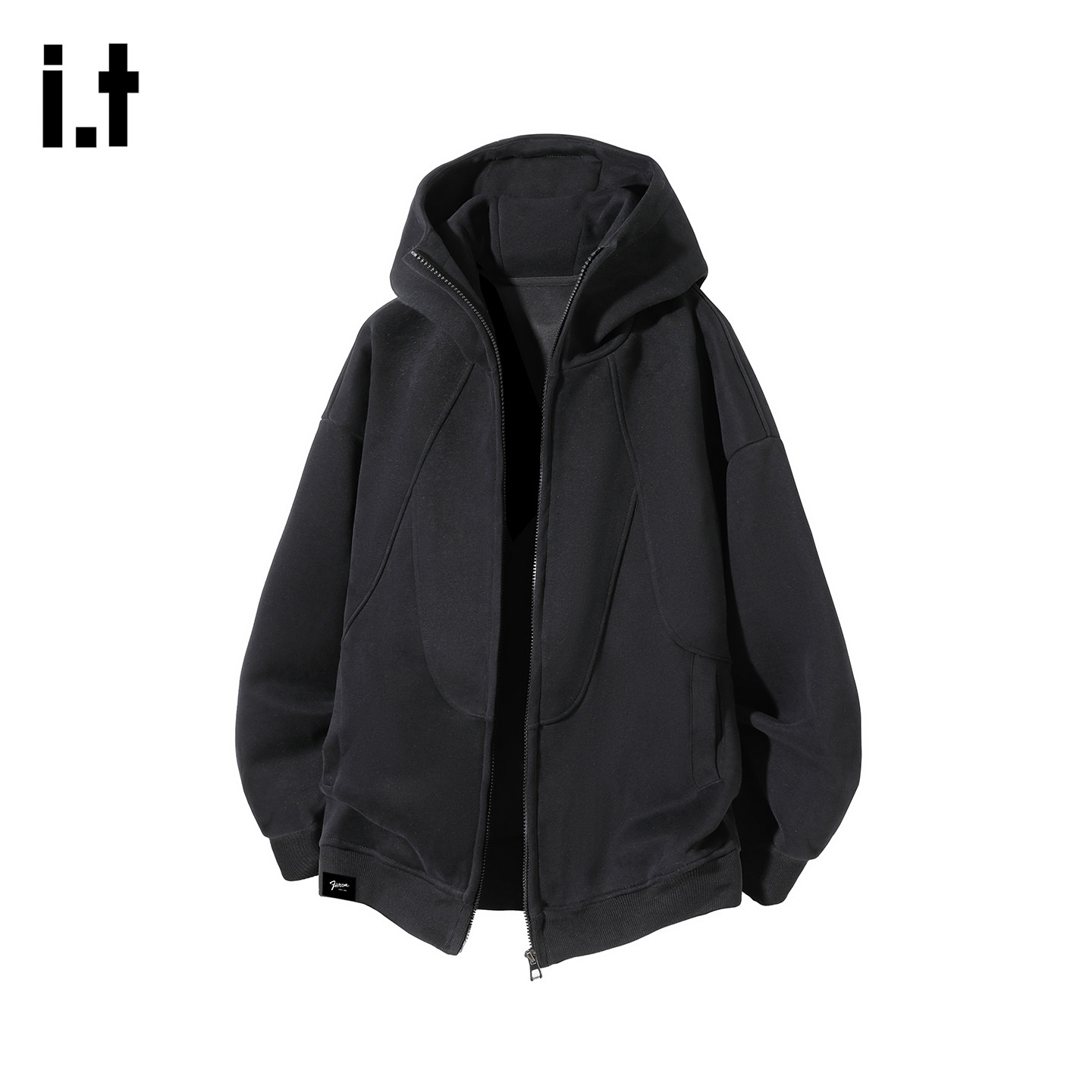 it FIVECM黑色连帽拉链开衫加绒卫衣外套男士2025秋冬款上衣