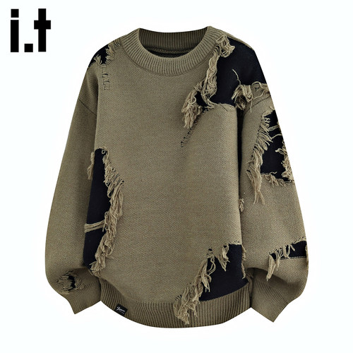 IT个性破洞毛衣外套男