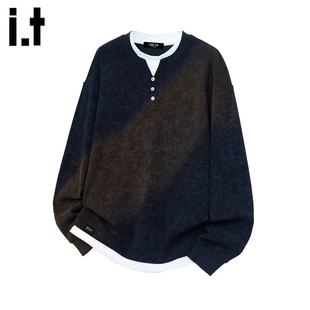 秋冬季 FIVECM潮牌拼接撞色假两件卫衣男士 宽松亨利领上衣 5cm