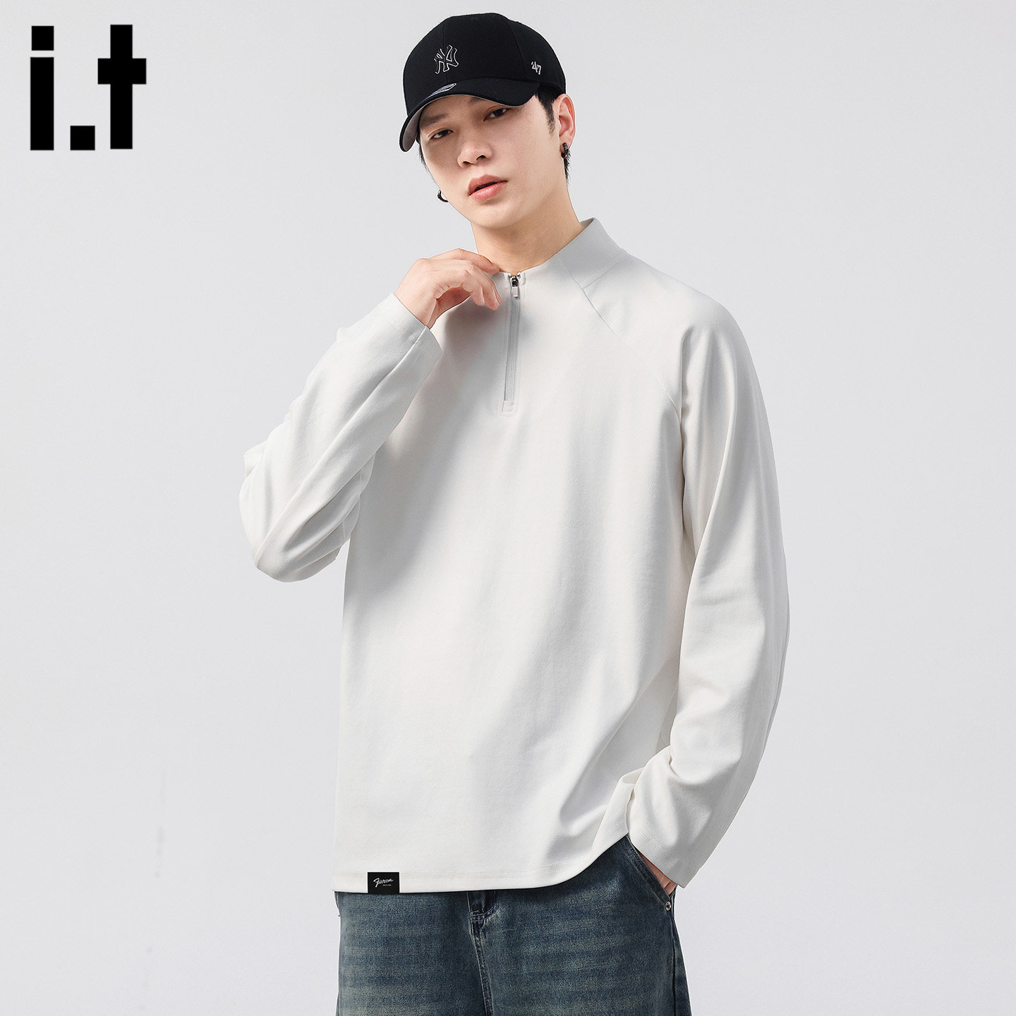 it :5cm/FIVECM白色解构半拉链男士长袖t恤2026春季薄款圆领上衣