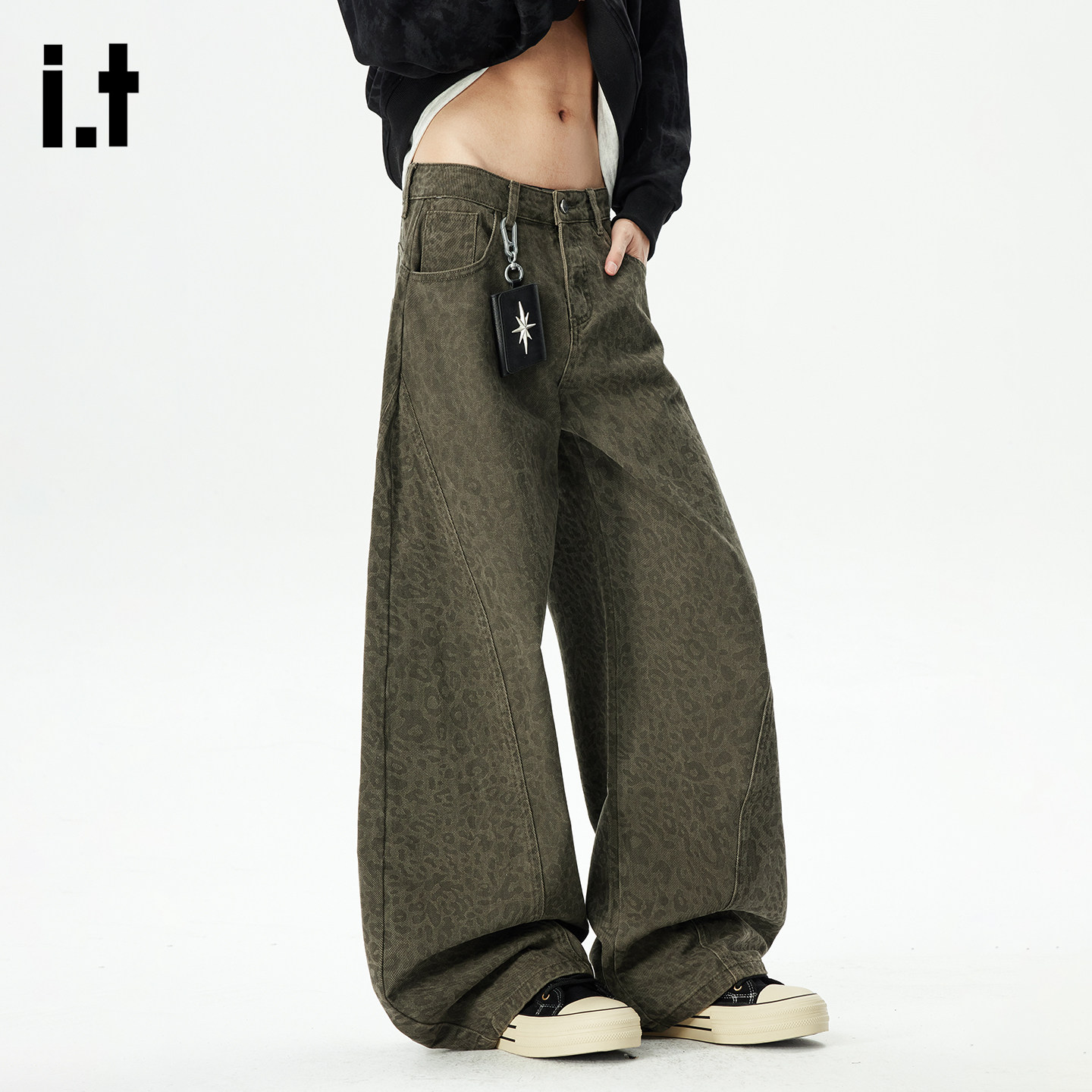 it :5cm/FIVECM复古军绿色高腰豹纹阔腿牛仔裤男设计感弯刀直筒裤