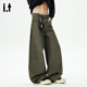 男设计感弯刀直筒裤 5cm FIVECM复古军绿色高腰豹纹阔腿牛仔裤