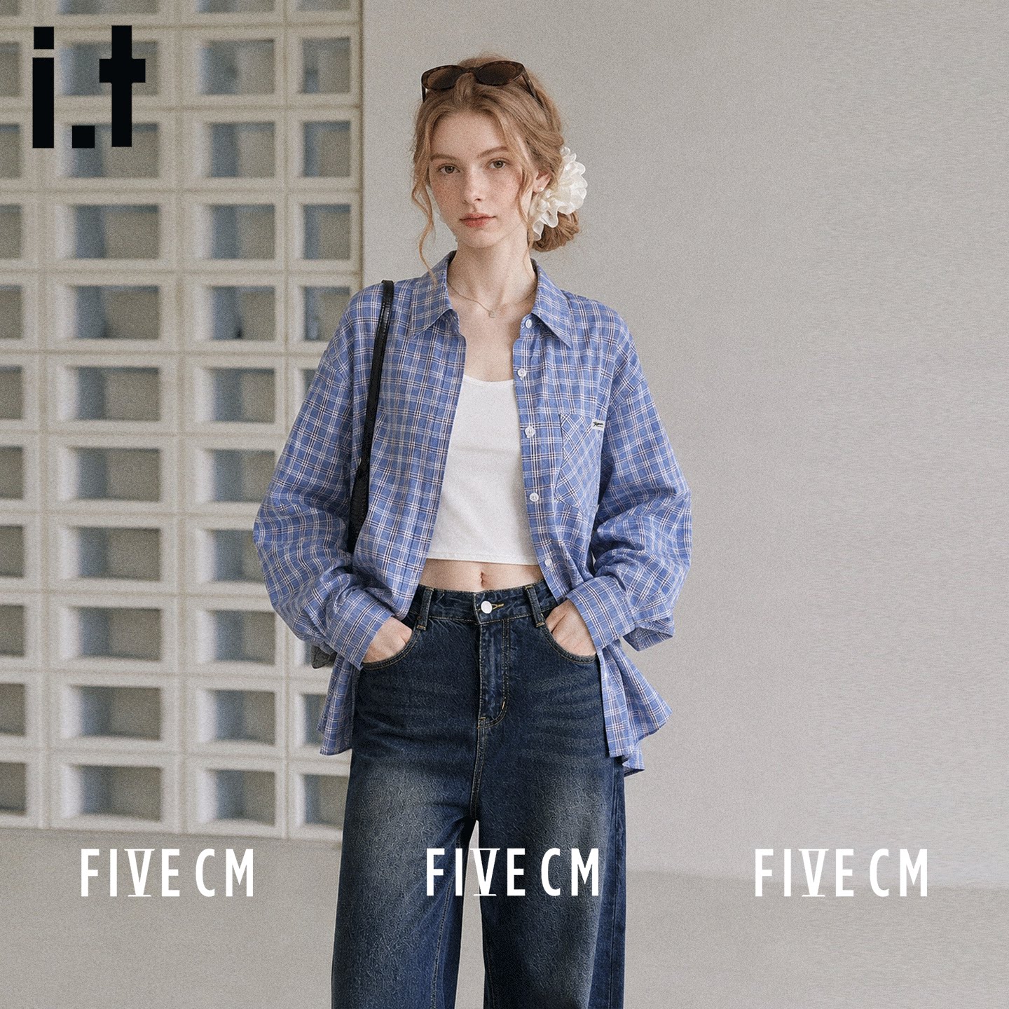 itFIVECM秋季宽松蓝色格子衬衫