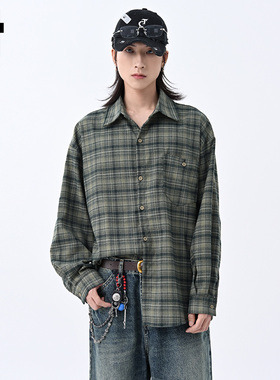 it :5cm/FIVECM绿色薄款格子长袖衬衫男款2025新款秋季翻领上衣潮